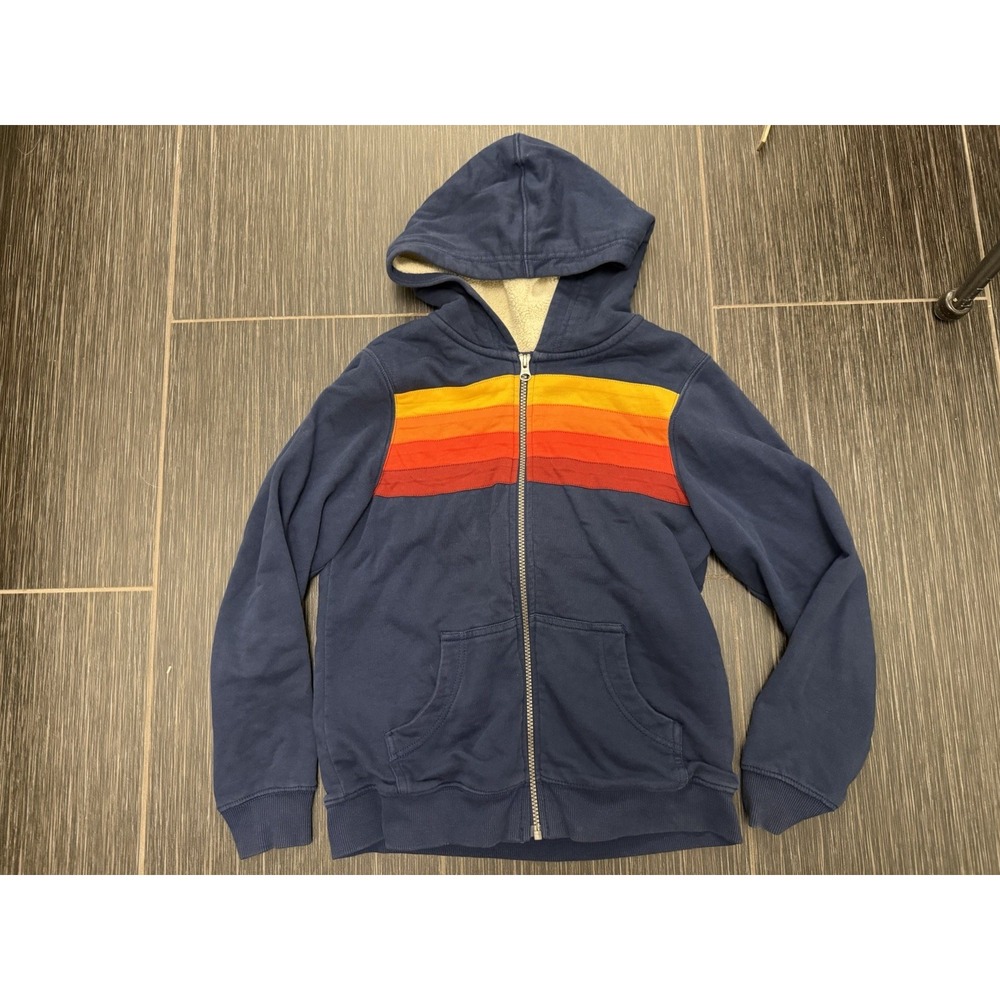 Hanna Andersson Faux Shearling Hoodie Boys 10 Navy Full Zip Stripes Comfy Casual